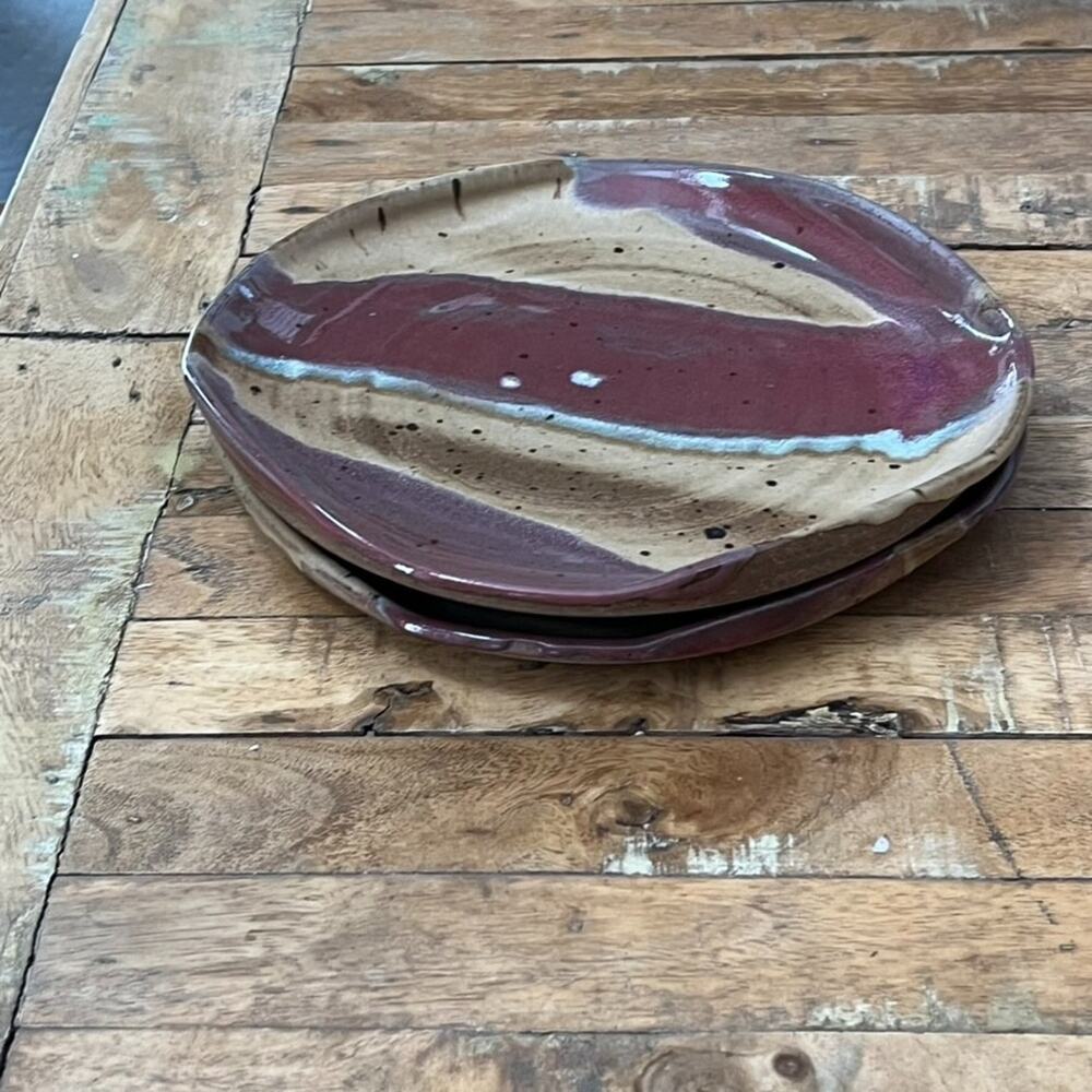 Studio Art Pottery Stoneware Plates Hand Thrown Mottled Beige Red Glaze Signed